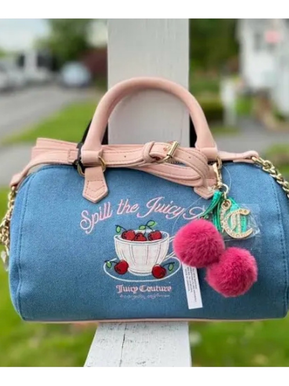 Juicy Couture Blue Denim Mini Satchel with Pink Handles and Pom Pom Charm